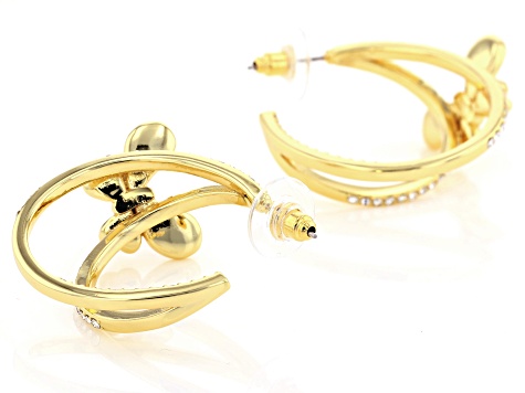 Pink and White Crystal Shiny Gold Tone Butterfly Earrings