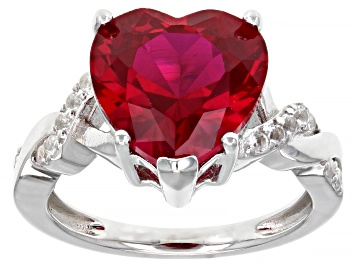 Picture of Red Lab Created Ruby Rhodium Over Sterling Silver Heart Shape Ring 7.87ctw