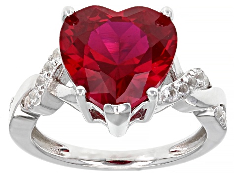 Red Lab Created Ruby Rhodium Over Sterling Silver Heart Shape Ring 7.87ctw