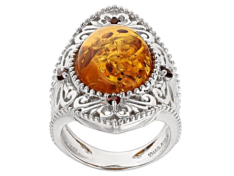 Orange Amber Rhodium Over Sterling Silver Ring .17ctw