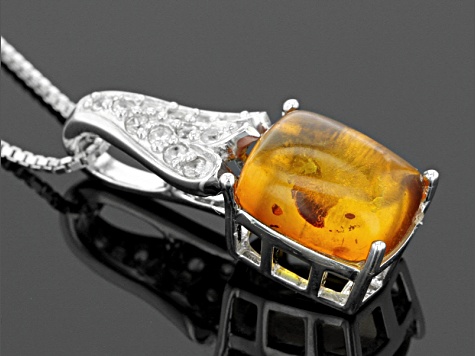 Orange Amber Silver Pendant With Chain .21ctw