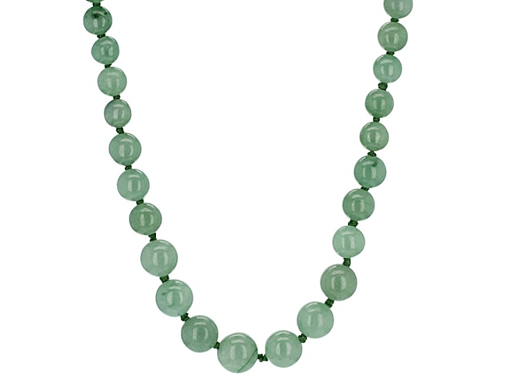 Round Green Jadeite Rhodium Over Sterling Silver Graduated Strand Necklace 20 inch, 6-10mm