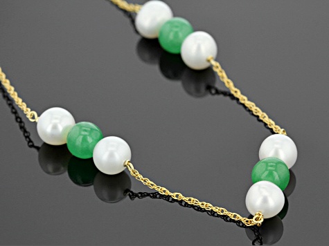 Green Jadeite 14K Yellow Gold Over Sterling Silver Necklace.