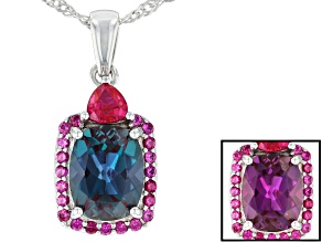 Color change lab created alexandrite rhodium over silver pendant with chain 2.76ctw