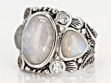 White rainbow moonstone rhodium over sterling silver ring