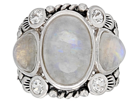 White rainbow moonstone rhodium over sterling silver ring