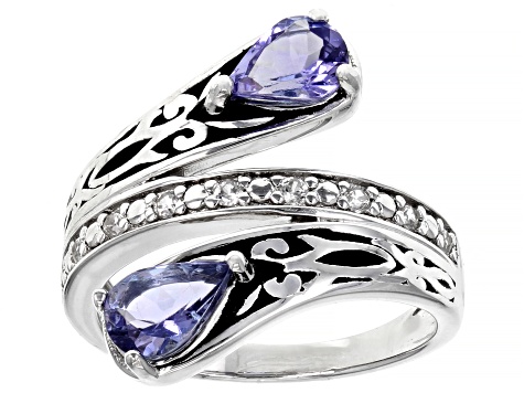 Blue Tanzanite Rhodium Over Sterling Silver Bypass Ring 1.34ctw