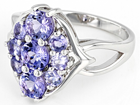 Blue Tanzanite Rhodium Over Sterling Silver Cluster Ring 2.01ctw