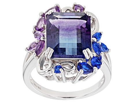 Bi-color Fluorite Rhodium Over Silver Ring 7.19ctw