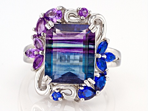 Bi-color Fluorite Rhodium Over Silver Ring 7.19ctw