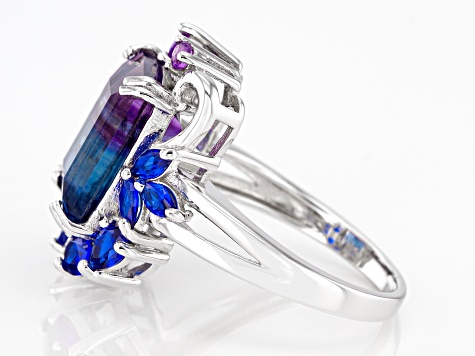 Bi-color Fluorite Rhodium Over Silver Ring 7.19ctw
