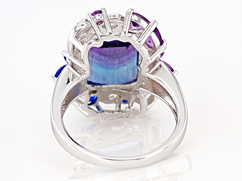 Bi-color Fluorite Rhodium Over Silver Ring 7.19ctw