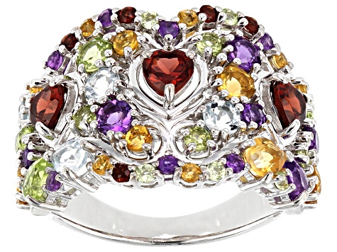 Multi-color gemstone Rhodium Over Sterling Silver Band Ring 3.28ctw
