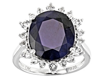 Blue lab created sapphire rhodium over silver ring 4.77ctw