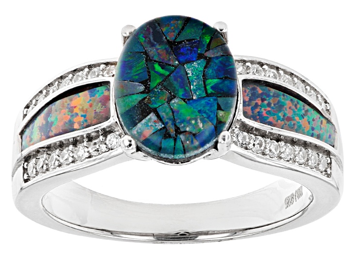 Multi Color Mosaic Opal Triplet Rhodium Over Sterling Silver