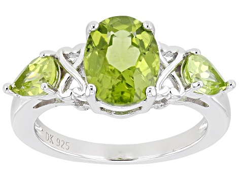 Green Peridot Rhodium Over Sterling Silver 3-Stone Ring 2.39ctw