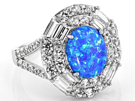 Blue Lab Created Opal Rhodium Over Sterling Silver Ring 1.48ctw