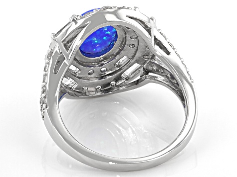 Blue Lab Created Opal Rhodium Over Sterling Silver Ring 1.48ctw