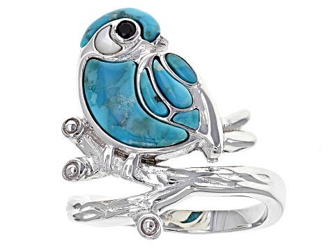 Blue Composite Turquoise Rhodium Over Sterling Silver Bird Ring .01ct