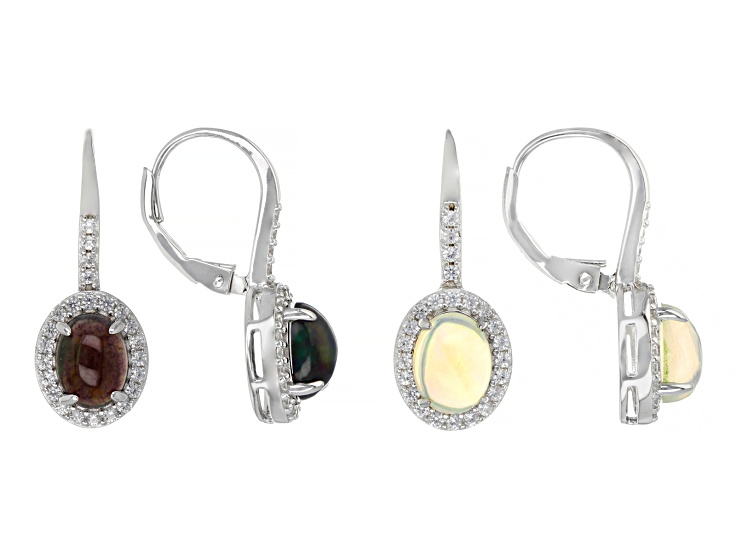 Black & White Ethiopian Opal w/ White Zircon Rhodium Over Sterling Silver Set of 2 Earrings 3.50ctw