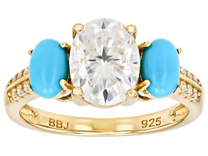 Moissanite And Sleeping Beauty Turquoise 14k Yellow Gold Over Silver  Ring 2.36ctw DEW.