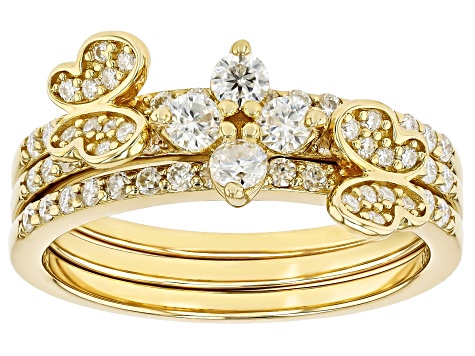 Moissanite 14k Yellow Gold Over Silver Set Of Three Stackable Butterfly Rings 0.84ctw DEW.