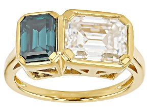 Emerald Cut Green And Colorless Moissanite 14k Yellow Gold Over Silver Ring 3.53ctw DEW.