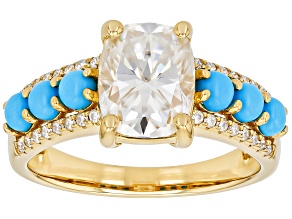 Moissanite With Sleeping Beauty Turquoise 14k Yellow Gold Over Silver Ring 3.30ctw DEW