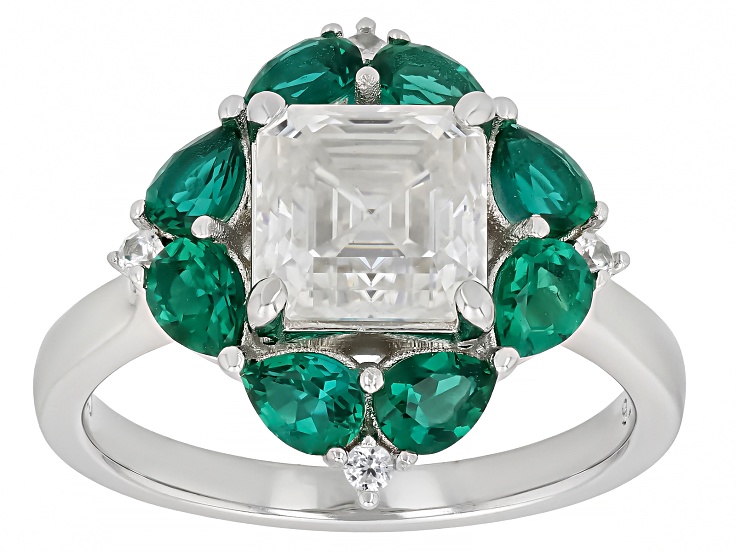 Asscher Cut Moissanite and Lab Created Emerald Platineve Ring 1.93ctw DEW