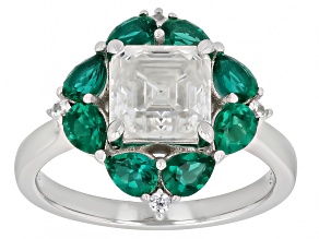 Asscher Cut Moissanite and Lab Created Emerald Platineve Ring 1.93ctw DEW