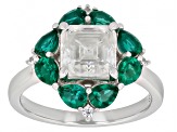 Asscher Cut Moissanite and Lab Created Emerald Platineve Ring 1.93ctw DEW