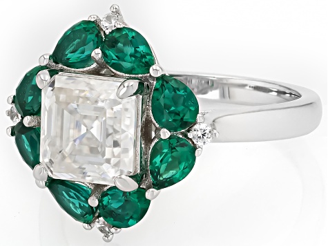 Asscher Cut Moissanite and Lab Created Emerald Platineve Ring 1.93ctw DEW