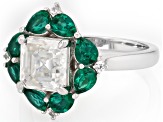 Asscher Cut Moissanite and Lab Created Emerald Platineve Ring 1.93ctw DEW