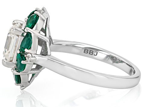 Asscher Cut Moissanite and Lab Created Emerald Platineve Ring 1.93ctw DEW
