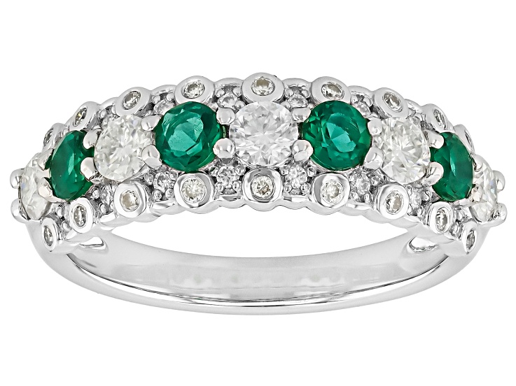 Moissanite and Lab Created Emerald Platineve Band Ring 0.84ctw DEW