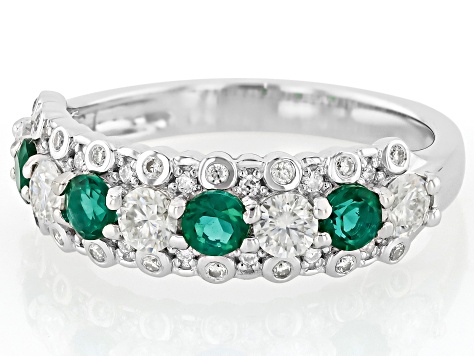Moissanite and Lab Created Emerald Platineve Band Ring 0.84ctw DEW