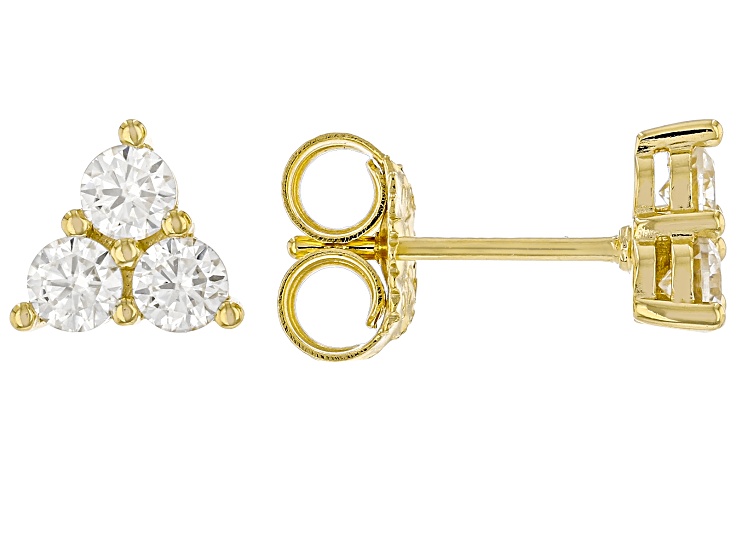 Moissanite 14k Yellow Gold Over Silver Three Stone Earrings 0.60ctw DEW