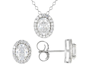 Oval And Round Moissanite Halo Platineve Earrings And Pendant Set 3.30ctw DEW.