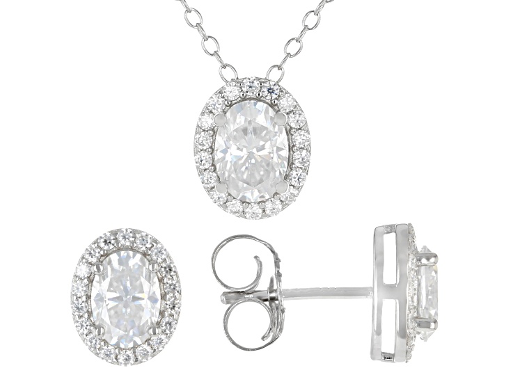 Oval And Round Moissanite Halo Platineve Earrings And Pendant Set 3.30ctw DEW.