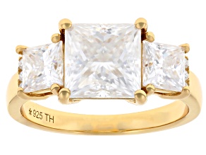 Moissanite three Stone 14k Yellow Gold Over Silver Ring 4.46ctw DEW
