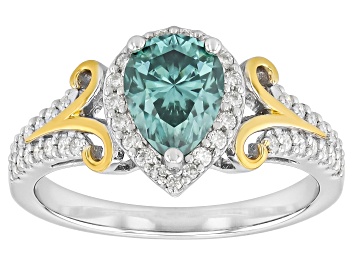 Picture of Green And Colorless Moissanite Platineve And 14k Yellow Gold Over Silver Ring 1.54ctw DEW