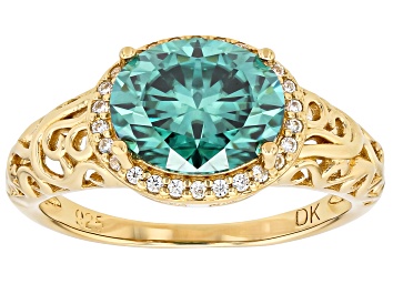 Picture of Green And Colorless Moissanite 14k Yellow Gold Over Silver Ring 3.28ctw DEW