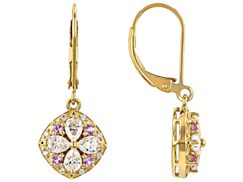 Moissanite And Pink Sapphire 14K Yellow Gold Over Silver Earrings 1.44ctw DEW