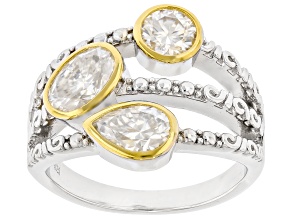 Moissanite Platineve And 14k Yellow Gold Over Silver Three Stone Ring 2.18ctw DEW