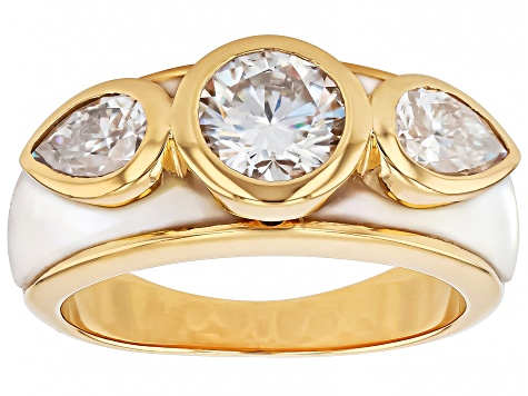 Moissanite And Inlaid Mother-Of-Pearl 14k Yellow Gold Over Silver Ring 1.86ctw DEW