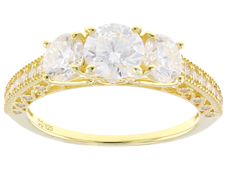 Moissanite 14K Yellow Gold Over Silver three Stone Design Ring 2.20ctw DEW