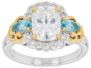Moissanite With Blue Zircon Platineve and 14K Yellow Gold Over Silver Ring 2.48ct DEW.