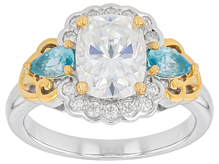 Moissanite With Blue Zircon Platineve and 14K Yellow Gold Over Silver Ring 2.48ct DEW.