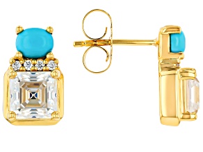 Moissanite And Sleeping Beauty Turquoise 14k Yellow Gold Over Silver Earrings 1.98ctw DEW.