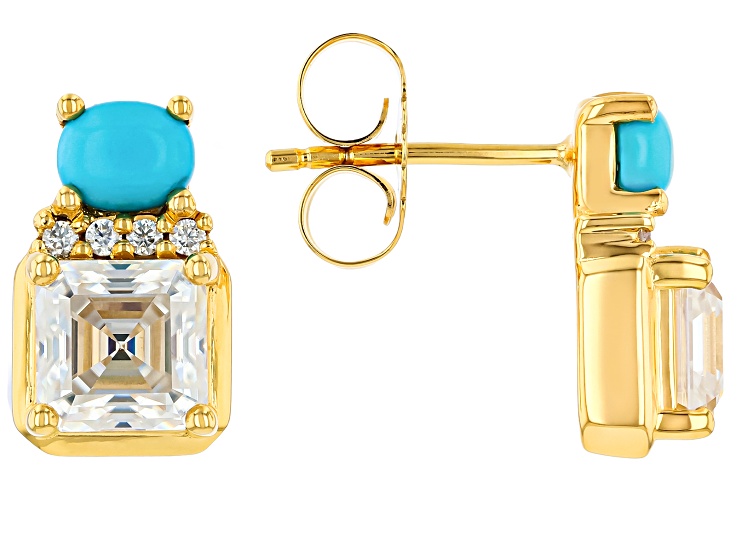 Moissanite And Sleeping Beauty Turquoise 14k Yellow Gold Over Silver Earrings 1.98ctw DEW.